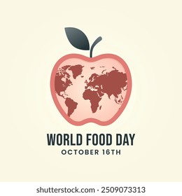 Ilustração cartaz do Dia Mundial da Alimentação apresentando uma maçã com um mapa mundial dentro, simbolizando a segurança alimentar global. Perfeito para as celebrações de 16 de outubro. Design minimalista para campanhas de conscientização