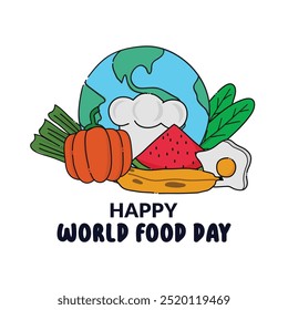 World food day poster including globe surrounded foods fruits and vegetable.Vector illustration