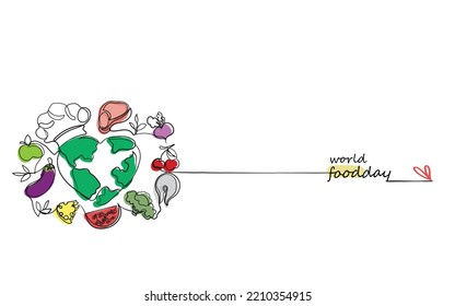 World food day poster line art. International day of food. World green and blue with chef hat . Fruits mutton meat and fish around. Vegan day. Fruit day. Colorful vector art graphic. Apple cherries