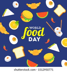 World Food Day poster or template design decorated with food elements such as burger, watermelon, lemon, croissant, sandwich and boiled egg on blue background.