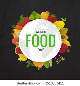 World Food Day poster or template design decorated with fruits and vegetable on black background.