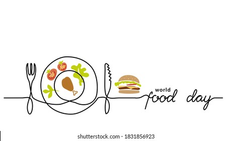 World food day simple line border, web banner, simple vector background. One continuous line drawing with lettering Food Day.