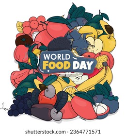 World food day template design with fruits in doodle art vector illustration