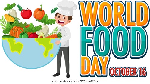 Texto del Día Mundial de la Alimentación con ilustración de elementos alimentarios