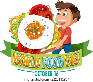 Texto del Día Mundial de la Alimentación con ilustración de elementos alimentarios