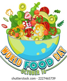 Texto del Día Mundial de la Alimentación con ilustración de elementos alimentarios