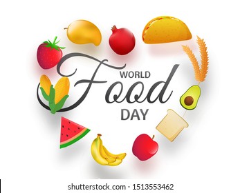 World Food Day text with fruits, taco, bread, corn and wheat decorated on white background. Can be used as banner or poster design.