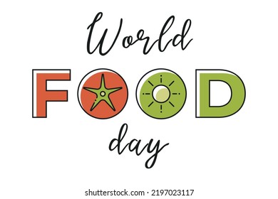World Food Day text illustration. Food inscription with tomato and kiwi icons