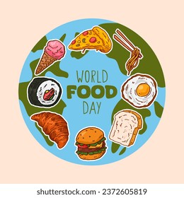 World Food Day with various foods in hand drawn style. Vector illustration.