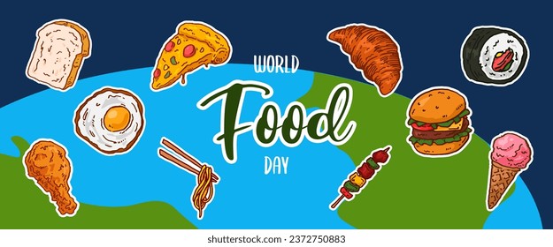 World Food Day with various foods in hand drawn style. World Food Day background. Vector illustration.