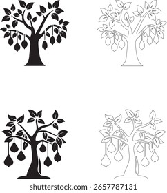 Iconos del vector del Día Mundial de la Alimentación de árboles frutales con frutas colgantes en estilos sólidos y esquemáticos
