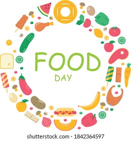 world food day vector illustration, colorful food background.