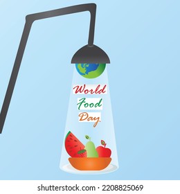 World food day vector illustration poster and banner design on 16th october, fruit basket on spot light with abstract colorful typography