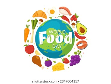 Ilustración de vectores del Día Mundial de la Alimentación el 16 de octubre con diversos alimentos, frutas y verduras en caricaturas planas con plantillas de fondo dibujadas a mano