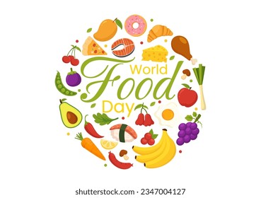 World Food Day Vector Illustration on 16 October with Various Foods, Fruit and Vegetable in Flat Cartoon Hand Drawn Background Templates