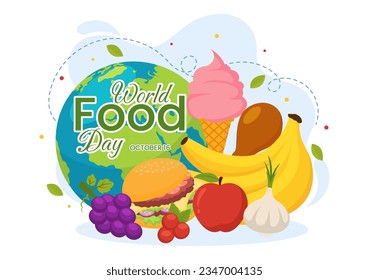 World Food Day Vector Illustration on 16 October with Various Foods, Fruit and Vegetable in Flat Cartoon Hand Drawn Background Templates