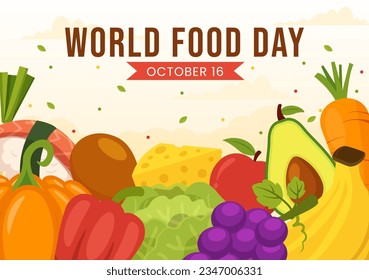 World Food Day Vector Illustration on 16 October with Various Foods, Fruit and Vegetable in Flat Cartoon Hand Drawn Background Templates