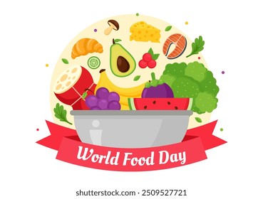 World Food Day Vector Illustration on 16 October with Various Foods, Fruit and Vegetable in a Flat Style Cartoon Background