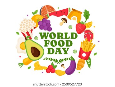 World Food Day Vector Illustration on 16 October with Various Foods, Fruit and Vegetable in a Flat Style Cartoon Background