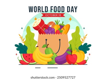 World Food Day Vector Illustration on 16 October with Various Foods, Fruit and Vegetable in a Flat Style Cartoon Background