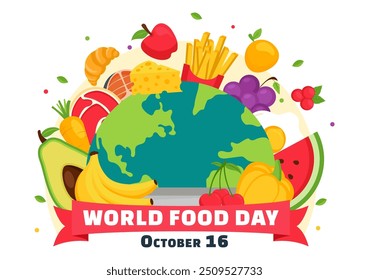 World Food Day Vector Illustration on 16 October with Various Foods, Fruit and Vegetable in a Flat Style Cartoon Background