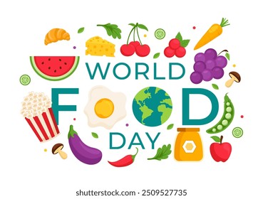 World Food Day Vector Illustration on 16 October with Various Foods, Fruit and Vegetable in a Flat Style Cartoon Background