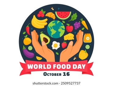 World Food Day Vector Illustration on 16 October with Various Foods, Fruit and Vegetable in a Flat Style Cartoon Background