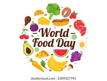 World Food Day Vector Illustration on 16 October with Various Foods, Fruit and Vegetable in a Flat Style Cartoon Background