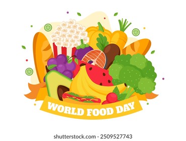 World Food Day Vector Illustration on 16 October with Various Foods, Fruit and Vegetable in a Flat Style Cartoon Background