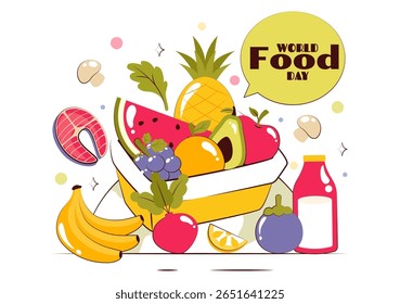 World Food Day Vector Illustration on October 16, Featuring a Variety of Foods, Fruits, and Vegetables in a Flat Style Cartoon Background