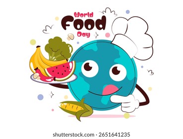 Ilustração do vetor do Dia Mundial da Alimentação em 16 de outubro, apresentando uma variedade de alimentos, frutas e legumes em um plano de fundo de desenhos animados de estilo plano