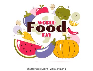 Ilustração do vetor do Dia Mundial da Alimentação em 16 de outubro, apresentando uma variedade de alimentos, frutas e legumes em um plano de fundo de desenhos animados de estilo plano