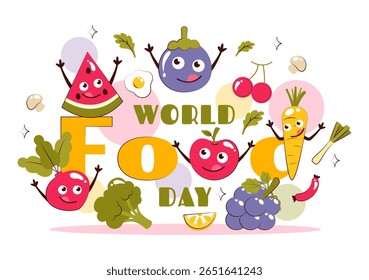 Ilustração do vetor do Dia Mundial da Alimentação em 16 de outubro, apresentando uma variedade de alimentos, frutas e legumes em um plano de fundo de desenhos animados de estilo plano