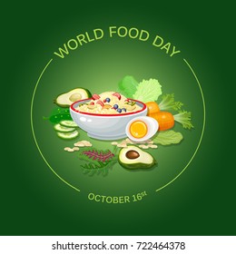 World Food Day Vector Illustration. Carrot, cucumber,  avocado, egg, porridge and salad isolated on green background. Suitable for greeting card, poster and banner.