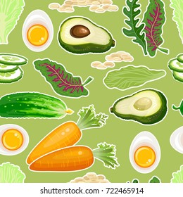 World Food Day Vector Illustration. Carrot, cucumber,  avocado, egg, porridge and salad isolated on green background. Suitable for greeting card, poster and banner.