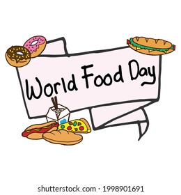 world food day-hand drawn lettering. ribbon banner with food. hand drawn vector. doodle art for poster, banner, celebration, greeting card. international celebration, world food day. flat design. 