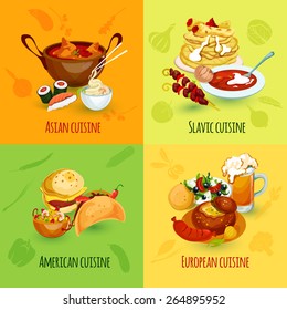 World food design concept set with asian slavic american european cuisine icons isolated vector illustration