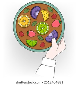 ilustração do desenho animado do festival mundial de comida, mão segurando uma tigela cheia de pedaços de frutas e legumes comida típica de um país