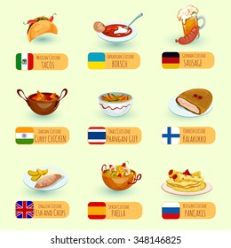 World food international cuisine dishes decorative icons set with sausage fish and chips chicken curry isolated vector illustration