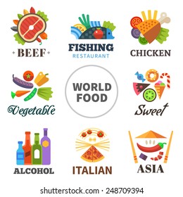 World of food: meat, fish, chicken, vegetables, asia, alcohol, Italian, sweets. Vector flat  logo set