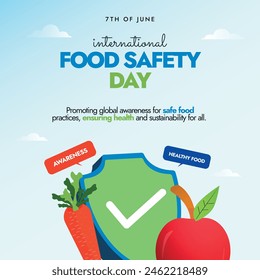 Día Mundial de la Seguridad Alimentaria. 7 de junio Anuncio de celebración del Día Mundial de la Seguridad Alimentaria, poste con escudo de seguridad, zanahoria, manzana. Este día llama la atención y toma medidas para ayudar a prevenir y detectar los riesgos transmitidos por los alimentos.