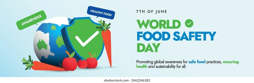World Food Safety day. 7th June World Food Safety day celebration cover banner, post with safety shield, carrot, apple. This day draw attention, to take action to help prevent, detect food borne risks
