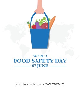 World Food Safety day. 7th June World Food Safety day celebration banner, post with safety shield, carrot, apple.