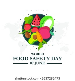 World Food Safety day. 7th June World Food Safety day celebration banner, post with safety shield, carrot, apple.