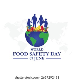 World Food Safety day. 7th June World Food Safety day celebration banner, post with safety shield, carrot, apple.