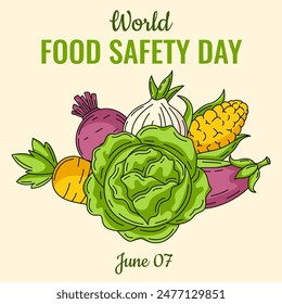 World Food Safety Day background. Square greeting card with vegetables and greens icons composition. For postcard, poster, social media, invitation. Healthy eco veggies, organic natural  food