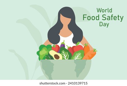 World food safety day concept, woman holding food global vector illustration