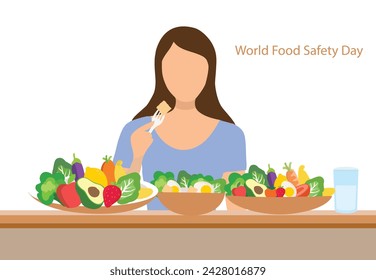 World food safety day concept, woman holding food global vector illustration