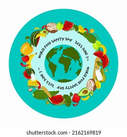 World food safety day on June 7 banner, poster or card vector clipart design. The concept of healthy eating and food, healthy lifestyle. Fresh natural products, vegetables and fruits, dairy products