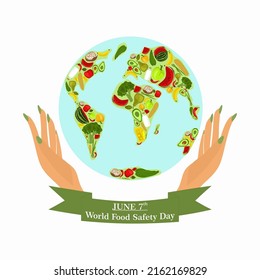 World food safety day on June 7 banner, poster or card vector clipart design. The concept of healthy eating and food, healthy lifestyle. Fresh natural products, vegetables and fruits, dairy products